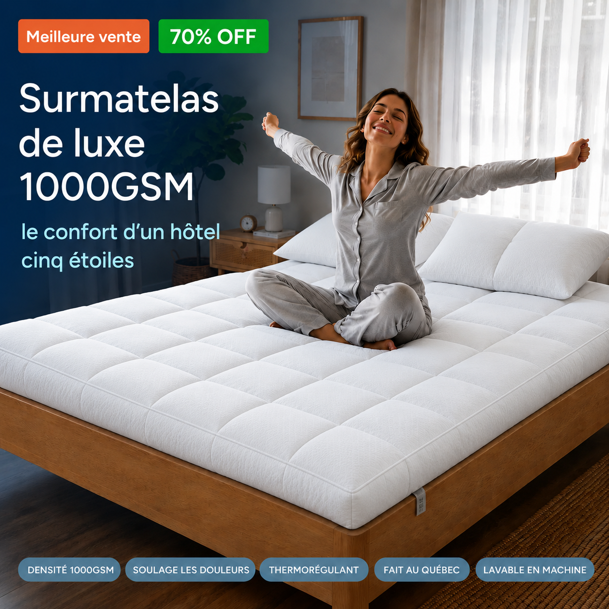 Linen&Rose - Surmatelas de luxe matelassé haut de gamme 1000 GSM